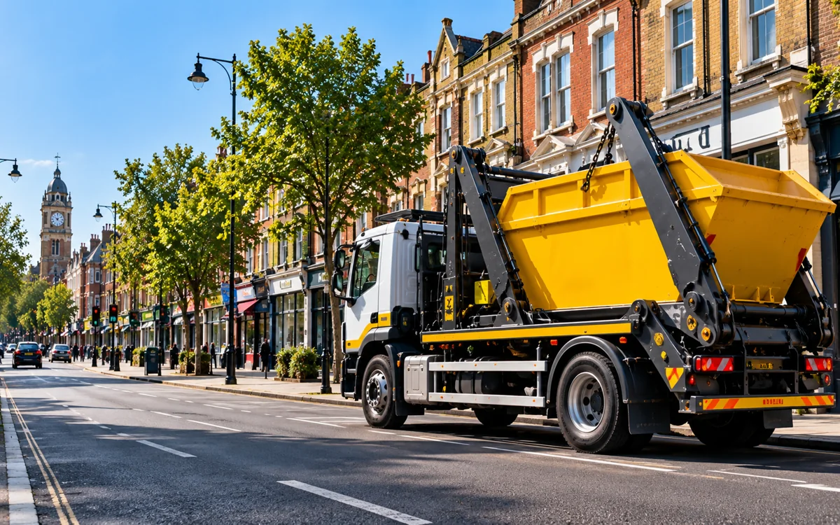 Yellow skip on a modern British skip-loader truck in a local London street
